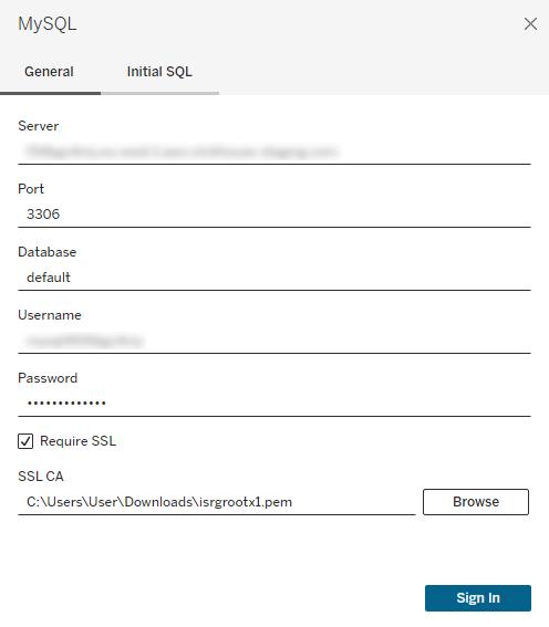 SSL 옵션이 활성화되어 있고 서버, 사용자 이름, 비밀번호, 인증서 필드가 있는 Tableau Desktop MySQL 연결 대화 상자